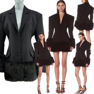 🆕 BRONX & BANCO 🧿 NWOT Emerson Black Faux Fur Trimmed Blazer Dress, Sz S US 4